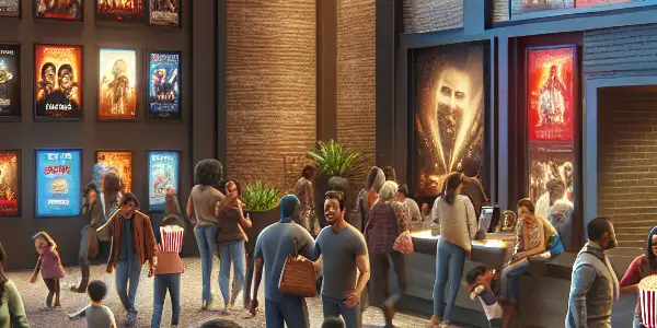 A bustling modern cinema lobby filled with families, digital screens showcasing movies, and a lively concession stand.