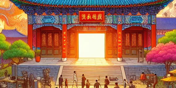 A vibrant film studio scene showcasing Changchun Film Company's rich history with iconic film posters and diverse actors.