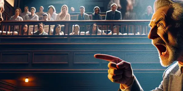 A tense courtroom scene with a father confronting a nervous witness, surrounded by captivated onlookers and a stern prosecutor.