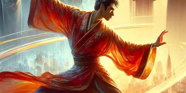 A heroic figure in a silk robe performs kung fu against a backdrop of ancient and futuristic Chinese architecture.