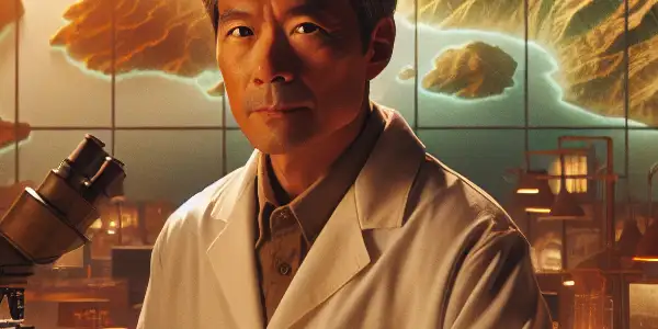 Huang Danian in a modern lab, embodying patriotism and dedication to science, with a vibrant Chinese landscape behind him.