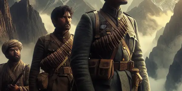 Courageous commander and soldiers battling harsh conditions in the Kunlun Mountains during the Second Sino-Japanese War.