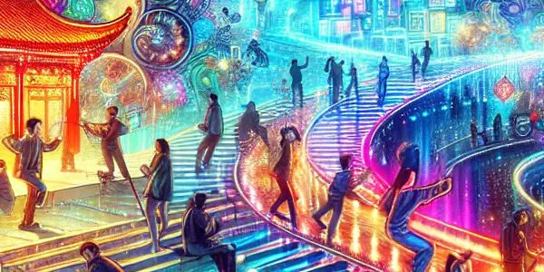 A vibrant film set featuring young Chinese filmmakers and actors amidst futuristic technology and mythical creatures.